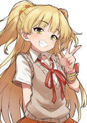 Rule 34 | 1girl, arm behind back, blonde hair, clenched teeth, commentary request, gazacy (dai), green eyes, highres, idolmaster, idolmaster cinderella girls, jougasaki rika, long hair, looking at viewer, red neckwear, red ribbon, ribbon, school uniform, shirt, short sleeves, smile, solo, sweater vest, teeth, two side up, w, white background, white shirt