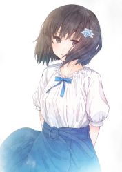 Rule 34 | 1girl, arms behind back, black eyes, black hair, blue hair, blue ribbon, blue skirt, bob cut, closed mouth, commentary request, flower, furai, hair flower, hair ornament, highres, looking at viewer, medium sleeves, neck ribbon, o-ring, o-ring bottom, original, ribbon, shirt, simple background, skirt, solo, white background, white shirt