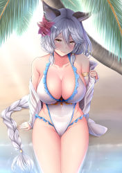 Rule 34 | 1girl, absurdres, animal ears, arms at sides, bare shoulders, beach, braid, breasts, brown eyes, casual one-piece swimsuit, cleavage, collarbone, commentary request, day, erune, flower, frilled swimsuit, frills, gluteal fold, granblue fantasy, groin, hair flower, hair ornament, heles, hibiscus, highleg, highleg swimsuit, highres, large breasts, long hair, long sleeves, looking back, melopun, off shoulder, on ground, one-piece swimsuit, open clothes, open shirt, outdoors, palm tree, red flower, sand, shirt, silver hair, single braid, sitting, smile, solo, swimsuit, thigh gap, thighs, tree, very long hair, water, white shirt, white one-piece swimsuit