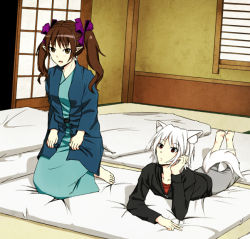 Rule 34 | 2girls, alternate costume, animal ears, barefoot, brown eyes, brown hair, collarbone, contemporary, female focus, futon, hair ribbon, head rest, himekaidou hatate, interior, intirami, inubashiri momiji, japanese clothes, kimono, kneeling, legs up, looking at viewer, lying, multiple girls, on stomach, open mouth, pointy ears, ribbon, robe, shadow, short hair, tail, touhou, twintails, v, white hair, wolf ears, wolf tail, yukata