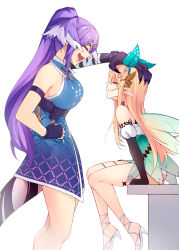 Rule 34 | 2girls, :d, anger vein, aqua hairband, black gloves, blonde hair, blue gloves, closed eyes, commentary, elbow gloves, english commentary, fairy wings, fang, fingerless gloves, gloves, hair ornament, hairband, hand on another&#039;s head, hand on own hip, head wings, height difference, highres, long hair, multiple girls, nijisanji, nijisanji en, open mouth, pomu rainpuff, ponytail, profile, purple hair, ricegnat, selen tatsuki, selen tatsuki (2nd costume), shoes, simple background, sitting, skin fang, smile, standing, tail, virtual youtuber, white background, white footwear, wings