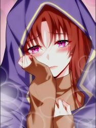Rule 34 | 1girl, arms up, blush, brown sweater, closed mouth, hand up, i eat soft rice in another world, long hair, looking at viewer, pink background, pink eyes, purple tunic, red hair, sweater, very long hair, zhang haoji