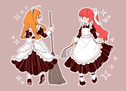 Rule 34 | 2girls, ahoge, apron, back bow, black dress, black footwear, blunt ends, blush, bow, braid, broom, brown hair, commentary, dress, duster, facing away, highres, holding, holding broom, holding duster, long hair, long sleeves, looking at another, maid, maid headdress, mary janes, michiru (mnmn cheese), multiple girls, open mouth, orange hair, outline, persona, persona 5, persona 5 the royal, profile, puffy sleeves, red hair, sakura futaba, shoes, sidelocks, simple background, smile, socks, sparkle, twin braids, white apron, white bow, white socks, yoshizawa kasumi