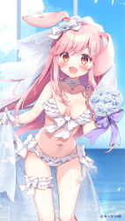 Rule 34 | 1girl, :d, animal ears, bare shoulders, bikini, blue flower, blue rose, blue sky, blush, bouquet, bow, breasts, cloud, collarbone, commentary request, day, fang, flower, frilled bikini, frills, gloves, gluteal fold, hair bow, hair flower, hair ornament, heart, heart hair ornament, holding, holding bouquet, horizon, leaning forward, long hair, looking at viewer, medium breasts, navel, ocean, open mouth, original, pan (mimi), pink hair, rabbit ears, red eyes, rose, see-through, sky, smile, solo, swimsuit, twitter username, veil, very long hair, water, white bikini, white bow, white gloves