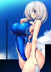Rule 34 | 10s, 1girl, blue eyes, breasts, competition swimsuit, covered navel, covered erect nipples, eyes visible through hair, hair over one eye, hamakaze (kancolle), highleg, highleg swimsuit, highres, kantai collection, large breasts, one-piece swimsuit, silver hair, solo, swimsuit, torisan