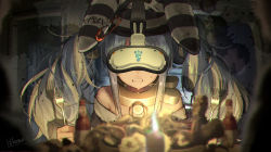 animal ears, artist name, bangs, blue hair, blurry, blurry foreground, braid, bunny ears, chains, clenched teeth, collar, commentary, dress, facing viewer, fork, frown, glitch, head mounted display, highres, hikosan, holding, holding fork, hololive, long hair, metal collar, multicolored hair, off-shoulder dress, off shoulder, prison clothes, resident evil, resident evil 7, sidelocks, signature, striped, striped dress, striped headwear, sweat, teeth, twin braids, twintails, two-tone hair, upper body, usada pekora, virtual youtuber, white hair