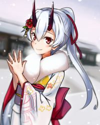 Rule 34 | 1girl, blush, commentary request, fate/grand order, fate (series), fur-trimmed kimono, fur trim, hair between eyes, hair ribbon, horns, house, japanese clothes, jewelry, kimono, long hair, looking at viewer, mitsudomoe (shape), obi, oni horns, ponytail, print kimono, red eyes, red horns, red ribbon, ribbon, ring, sash, silver hair, smile, snow, solo, steepled fingers, tachi (mtd), tomoe (symbol), tomoe gozen (fate), wedding band, white kimono, winter
