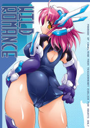 Rule 34 | 1girl, ahoge, ass, blush, breasts, cameltoe, cover, crueltear, dual beat, elbow gloves, covered erect nipples, from behind, gloves, looking back, mecha musume, pink hair, robot ears, short hair, solo, trigger heart exelica, yellow eyes, yukitaka