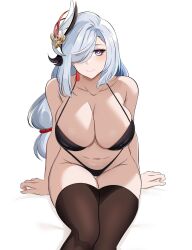 Rule 34 | 1girl, absurdres, azmi yudista, bare shoulders, bikini, black bikini, blue eyes, braid, breasts, brown thighhighs, cleavage, closed mouth, collarbone, genshin impact, groin, hair ornament, hair over one eye, highres, large breasts, low-braided long hair, low-tied long hair, navel, shenhe (genshin impact), simple background, sitting, smile, solo, stomach, swimsuit, thigh gap, thighhighs, thighs, white background, white hair