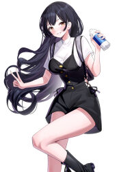 Rule 34 | 1girl, black dress, black footwear, black hair, boku no kokoro no yabai yatsu, boots, bottle, breasts, brown eyes, commentary request, dress, floating hair, hand up, highres, holding, holding bottle, large breasts, long hair, looking at viewer, ririko (zhuoyandesailaer), shirt, short sleeves, simple background, sleeveless, sleeveless dress, smile, solo, standing, standing on one leg, v, very long hair, white background, white shirt, yamada anna