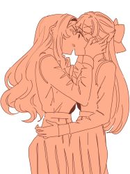 Rule 34 | 10s, 2girls, eye contact, highres, imminent kiss, looking at another, monochrome, multiple girls, saijou claudine, sepia, shirt tucked in, shoujo kageki revue starlight, simple background, tendou maya, white background, yuri