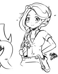 Rule 34 | 1girl, braid, greyscale, hand on own hip, leah (stardew valley), monochrome, pupoo (artist), short sleeves, signature, smile, solo, stardew valley, upper body