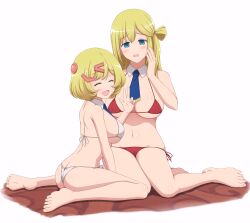 Rule 34 | 2girls, @ @, absurdres, bikini, blonde hair, blue eyes, blue necktie, blush, breasts, butt crack, closed eyes, enome, esyne, futoku no guild, groin, hair between eyes, hair bun, hand on own face, highres, ishida seito, kanji hair ornament, large breasts, long hair, looking at viewer, micro bikini, mother and daughter, multiple girls, navel, necktie, open mouth, red bikini, seiza, shiny skin, short hair, simple background, sitting, smile, soles, swimsuit, toes, white background, white bikini, yokozuwari