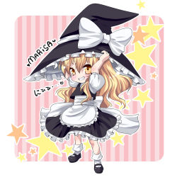 Rule 34 | 1girl, akira b, apron, blonde hair, bow, deformed, grin, hat, hat bow, kirisame marisa, long hair, mary janes, shoes, smile, solo, star (symbol), touhou, waist apron, witch hat, yellow eyes