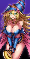 Rule 34 | 1girl, :d, absurdres, bare shoulders, blonde hair, blue dress, blue hat, breasts, cleavage, dark magician girl, dress, duel monster, green eyes, hair between eyes, hat, highres, holding, holding staff, large breasts, long hair, looking at viewer, open mouth, short dress, smile, solo, staff, synchroman, teeth, upper teeth only, wizard hat, yu-gi-oh!
