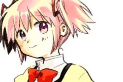 Rule 34 | 1girl, blush stickers, bow, bowtie, closed mouth, collar, collared shirt, commentary request, hair ribbon, kaname madoka, looking at viewer, lowres, mahou shoujo madoka magica, mahou shoujo madoka magica (anime), mitakihara school uniform, no+bi=, pink eyes, pink hair, red bow, red bowtie, red ribbon, ribbon, school uniform, shirt, short hair, short twintails, simple background, smile, solo, twintails, upper body, white background, white collar, yellow shirt