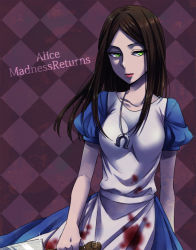 Rule 34 | 1girl, alice: madness returns, alice (alice in wonderland), alice in wonderland, alice liddell (american mcgee&#039;s alice), american mcgee&#039;s alice, apron, black hair, blood, breasts, dress, green eyes, jewelry, jupiter symbol, knife, lipstick, long hair, makeup, medium breasts, necklace, solo