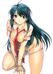 Rule 34 | 1girl, aqua eyes, bandaged hand, bandages, breasts, cleavage, large breasts, legs, long hair, muramasa mikado, necktie, no bra, no pants, open clothes, open shirt, panties, panty pull, shinonome miki, shirt, simple background, solo, thick thighs, thighs, underwear, wrestle! the underground