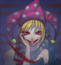 Rule 34 | 1girl, american flag dress, batman (series), blonde hair, blood, chromatic aberration, clownpiece, dark, dc comics, evil grin, evil smile, eyebrows, grin, hand on own face, hat, highres, jester cap, long hair, looking at viewer, nose, pale skin, pointing, polka dot, purple eyes, sketch, smile, solo, striped, striped background, teeth, the joker, touhou, upper body, very long hair, zhengyifan7