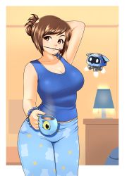 Rule 34 | 1girl, arm behind head, arm up, blue pants, blue shirt, border, bracelet, breasts, brown eyes, brown hair, casual, cleavage, cloud print, collarbone, cowboy shot, cup, eron, hair ornament, hairpin, head tilt, highres, holding, indoors, jewelry, lamp, large breasts, looking at viewer, mei (overwatch), mouth hold, mug, outside border, overwatch, overwatch 1, pants, shirt, sleeveless, sleeveless shirt, snowball (overwatch), star (symbol), star print, steam, swept bangs, tank top