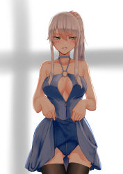Rule 34 | 1girl, absurdres, bare shoulders, black thighhighs, blue dress, blue panties, blush, breasts, c.rabbit, cleavage, clenched teeth, clothes lift, collarbone, dress, dress lift, feet out of frame, frown, gluteal fold, green eyes, highres, humiliation, lifted by self, long hair, looking away, looking to the side, medium breasts, original, panties, ponytail, presenting, scowl, side ponytail, silver hair, simple background, skirt, skirt lift, solo, standing, teeth, thighhighs, underwear, zipper, zipper panties, zipper pull tab