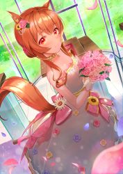 Rule 34 | 1girl, animal ears, blush, bouquet, bow, bride, closed mouth, dress, dress bow, dress flower, flower, from above, gloves, hair flower, hair ornament, highres, holding, holding bouquet, horse ears, horse girl, horse tail, jewelry, kainown, long hair, looking at viewer, mayano top gun (sunlight bouquet) (umamusume), mayano top gun (umamusume), neck ring, orange hair, red eyes, sidelocks, simple background, smile, solo, strapless, strapless dress, tail, umamusume, wedding dress, white dress, white gloves