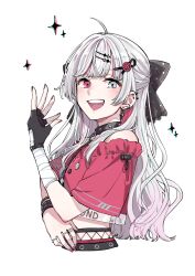 Rule 34 | 1girl, ahoge, bandaged hand, bandages, black bow, black gloves, black skirt, black wristband, blue eyes, blush, bow, collar, commentary, copyright request, ear piercing, earrings, eyelashes, fingerless gloves, gloves, grey hair, hair bow, hair ornament, hairclip, hand up, heterochromia, highres, ishigami nozomi, ishigami nozomi (1st costume), jewelry, kyouno, long hair, looking at viewer, midriff, multicolored hair, nijisanji, open mouth, piercing, red eyes, red hair, red nails, red shirt, ring, shirt, short sleeves, skirt, smile, solo, sparkle, strapless, strapless shirt, teeth, two-tone hair, upper body, upper teeth only, virtual youtuber, white background