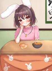 Rule 34 | 1girl, animal ears, animal print, black hair, blush, bowl, breasts, brown eyes, carrot necklace, closed mouth, commentary request, floppy ears, food, fruit, hand on own cheek, hand on own face, hanging scroll, head tilt, highres, inaba tewi, jewelry, kasoka soka, kotatsu, looking at viewer, mandarin orange, medium bangs, medium breasts, necklace, rabbit ears, rabbit girl, rabbit print, scroll, short hair, sitting, smile, solo, table, touhou