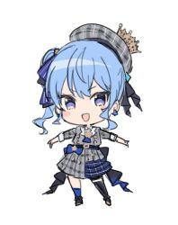 Rule 34 | 1girl, beret, blue eyes, blue hair, blush stickers, bow, chibi, commentary, crown, frills, full body, grey hat, hair bow, hat, hololive, hoshimachi suisei, hoshimachi suisei (1st costume), idol clothes, looking at viewer, open mouth, plaid, short sleeves, side ponytail, smile, solo, symbol-only commentary, teshima nari, virtual youtuber