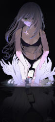 Rule 34 | 1girl, absurdres, artist name, bare arms, bikini, black background, black bikini, breasts, cellphone, closed mouth, commentary request, crying, crying with eyes open, disembodied hand, green eyes, grey hair, highres, holding, holding phone, long hair, looking at viewer, original, phone, shinonome nemu (nemulog sn), simple background, small breasts, smartphone, solo focus, swimsuit, tears, wading