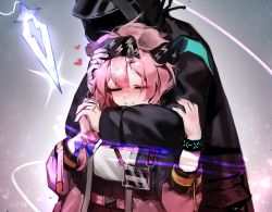 Rule 34 | 1girl, 1other, animal ears, arknights, black coat, black hairband, black jacket, blush, bow, bracelet, braid, cat ears, closed eyes, closed mouth, coat, doctor (arknights), floating, floating object, goldenglow (arknights), gradient background, hair bow, hairband, heart, highres, holding hands, hood, hooded coat, id card, infection monitor (arknights), interlocked fingers, jacket, jewelry, lens flare, lightning bolt print, mask, nose blush, open clothes, open jacket, purple bow, ribiadan, shirt, side braid, smile, white shirt