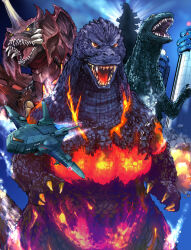 Rule 34 | aircraft, burning godzilla, crest, destoroyah, explosion, father and son, fire, glowing, godzilla, godzilla (series), godzilla junior, godzilla vs. destoroyah, horns, japan self-defense force, kamisimo 90, military, parent and child, red eyes, silhouette, single horn, smoke, steam, steaming body, super-x3, toho, yellow eyes