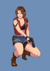 Rule 34 | 1girl, absurdres, belt, bike shorts, blue eyes, breasts, brown hair, cirenk, claire redfield, cleavage, closed mouth, commentary, commission, denim, fingerless gloves, gloves, gun, handgun, highres, jacket, painting (medium), ponytail, resident evil, resident evil 2, short hair, shorts, simple background, solo, traditional media, watercolor (medium), weapon