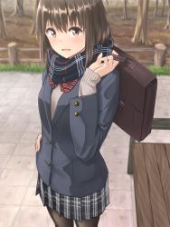 Rule 34 | 1girl, bad id, bad twitter id, bench, black pantyhose, blazer, blush, bow, bowtie, briefcase, brown hair, buttons, fence, forest, from above, from side, hair between eyes, hand on own hip, hand up, jacket, long sleeves, looking at viewer, looking to the side, minagiku, nature, open mouth, original, outdoors, over shoulder, pantyhose, plaid, plaid scarf, plaid skirt, pleated skirt, red eyes, scarf, school briefcase, school uniform, short hair, skirt, solo, standing, striped bow, striped bowtie, striped clothes, striped neckwear