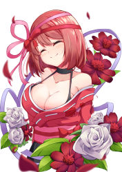 Rule 34 | 1girl, blush, bow, breasts, chocolate cosmos (flower knight girl), cleavage, closed eyes, closed mouth, ennishi, facing viewer, flower, flower knight girl, hair bow, hair ribbon, japanese clothes, kimono, large breasts, leaf, name connection, object namesake, petals, pink bow, pink ribbon, red bow, red hair, red kimono, red ribbon, ribbon, rose, shiny skin, short hair, simple background, smile, solo, upper body, white background, white flower, white rose
