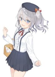 Rule 34 | 10s, 1girl, alternate costume, beret, black skirt, blue eyes, blush, commentary request, eyebrows, grey hair, hair ribbon, hat, hayashi kewi, kantai collection, kashima (kancolle), long sleeves, looking at viewer, looking up, picnic basket, pleated skirt, ribbon, simple background, skirt, solo, suspenders, twintails, white background