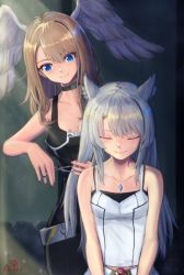 Rule 34 | 2girls, animal ears, breast tattoo, breasts, brown hair, cat ears, chest jewel, cleavage cutout, closed eyes, clothing cutout, cutting hair, daxel0126, eunie (xenoblade), feathered wings, grey hair, head tilt, head wings, highres, looking at another, medium breasts, medium hair, mio (xenoblade), multiple girls, official alternate hairstyle, scissors, small breasts, smile, spoilers, tank top, tattoo, wings, xenoblade chronicles (series), xenoblade chronicles 3
