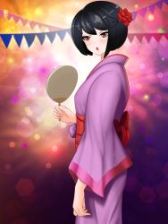 Rule 34 | 1girl, artist request, black hair, bob cut, breasts, brown eyes, date crush stories, erisa (date crush stories), festival, flower, game cg, hair flower, hair ornament, hand fan, highres, holding, holding fan, japanese clothes, kimono, lens flare, lights, long sleeves, looking at viewer, looking to the side, obi, open mouth, outdoors, paper fan, purple kimono, red kimono, rose, sash, short hair, small breasts, solo, uchiwa, wide sleeves, yukata