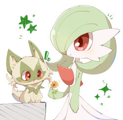 Rule 34 | 1girl, :3, arm at side, bob cut, cat, chokko, closed mouth, colored skin, creatures (company), female focus, flat chest, flower, full body, game freak, gardevoir, gen 3 pokemon, green hair, green skin, hair over one eye, hand up, happy, holding, holding flower, looking at another, multicolored skin, nintendo, notice lines, one eye covered, open mouth, orange flower, pokemon, pokemon (creature), red eyes, short hair, sitting, smile, sparkle, sprigatito, standing, star (symbol), two-tone skin, white background, white skin