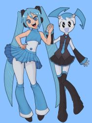 Rule 34 | 2girls, blue background, blue eyes, blue hair, cosplay, costume switch, hair between eyes, hand on own hip, hatsune miku, hatsune miku (cosplay), jenny wakeman, long hair, midriff, mrfishcorpse, multiple girls, my life as a teenage robot, navel, necktie, pleated skirt, robot, screw, screw hair ornament, short hair, skirt, thighhighs, twintails, very long hair, vocaloid