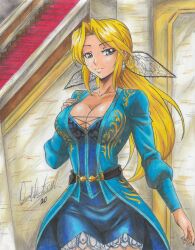 Rule 34 | 1girl, 2020, belt, blonde hair, blue dress, blue eyes, breasts, cleavage, coat, collarbone, dead or alive, dress, earrings, hair ornament, hand on own chest, helena douglas, highres, indoors, jewelry, large breasts, long hair, ponytail, ravernclouk design, solo, stairs, traditional media
