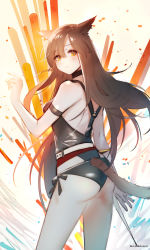 Rule 34 | 1girl, adapted costume, animal ears, arknights, ass, bikini, black bikini, breasts, cat ears, cat girl, cat tail, clothing cutout, cowboy shot, from behind, hand up, highres, light blush, long hair, looking at viewer, looking back, official alternate costume, satonishi, skyfire (arknights), skyfire (temperature difference) (arknights), small breasts, solo, swimsuit, tail, tail through clothes, yellow eyes