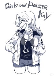 Rule 34 | 1girl, artist name, black gloves, bottle, character name, commentary, copyright name, cropped legs, cutoffs, dog tags, emblem, english text, female focus, fingerless gloves, girls und panzer, gloves, greyscale, grin, hair intakes, hand in pocket, highres, holding, holding bottle, hone (honehone083), jacket, kay (girls und panzer), long hair, long sleeves, looking to the side, military, military uniform, monochrome, open clothes, open jacket, saunders military uniform, shirt, short shorts, shorts, signature, simple background, smile, solo, standing, star (symbol), uniform, watch, white background, wristwatch