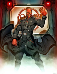 Rule 34 | 1boy, bald, boots, colored skin, genzoman, gun, male focus, marvel, red skin, red skull, skull, solo, teeth, weapon, yellow eyes