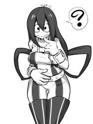 Rule 34 | 1girl, :&gt;, ?, animal, animal on head, asha, asui tsuyu, belt, bodysuit, boku no hero academia, breasts, closed mouth, commentary request, cowboy shot, frog, gloves, greyscale, hair between eyes, hair rings, highres, long bangs, long hair, looking at viewer, low-tied long hair, medium breasts, monochrome, on head, pointing, pointing at self, simple background, solo, spoken question mark, white background