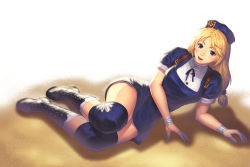 Rule 34 | 1girl, bandages, black footwear, blonde hair, blue eyes, blush, boots, breasts, cross-laced footwear, full body, hat, highres, knee pads, lace-up boots, long hair, looking at viewer, low twintails, lying, medium breasts, on side, parted lips, puffy short sleeves, puffy sleeves, shijou hinako, short sleeves, smile, solo, the king of fighters, turna98, twintails