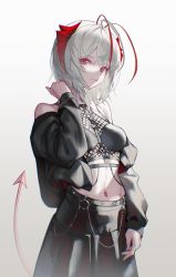 Rule 34 | 1girl, ahoge, alternate costume, antenna hair, antennae, arknights, arm at side, backlighting, black jacket, black skirt, breasts, closed mouth, demon tail, fishnet top, fishnets, hand on own neck, harness, head tilt, highres, horns, jacket, long sleeves, looking at viewer, midriff, off shoulder, pleated skirt, red eyes, shaded face, short hair, simple background, skirt, smile, solo, strap, tail, toned, veilrain, w (arknights), white background, white hair