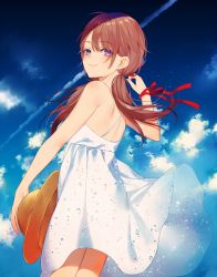 Rule 34 | 1girl, achiki, bare shoulders, blue sky, brown hair, cloud, commentary request, contrail, cowboy shot, day, dress, hat, unworn hat, unworn headwear, long hair, looking at viewer, looking back, low twintails, original, purple eyes, red ribbon, ribbon, shoulder blades, sky, sleeveless, sleeveless dress, smile, solo, spaghetti strap, straw hat, sundress, twintails, white dress