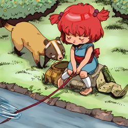 Rule 34 | 1girl, barefoot, blush, child, fishing, food, food on face, hair bobbles, hair ornament, onikobe rin, onozuka komachi, raccoon, red hair, rice, rice on face, short hair, sleeping, tanuki, touhou, twintails, two side up, aged down