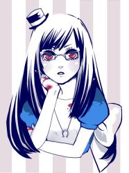 Rule 34 | 1girl, alice: madness returns, alice (alice in wonderland), alice in wonderland, alice liddell (american mcgee&#039;s alice), american mcgee&#039;s alice, black hair, blood, dress, female focus, glasses, hat, jewelry, long hair, midoripap, necklace, partially colored, red eyes, solo, top hat